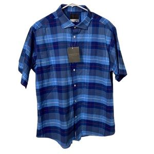 NWT Thomas Dean Collection Plaid Blue Short Sleeve Regular Fit Check Shirt XL